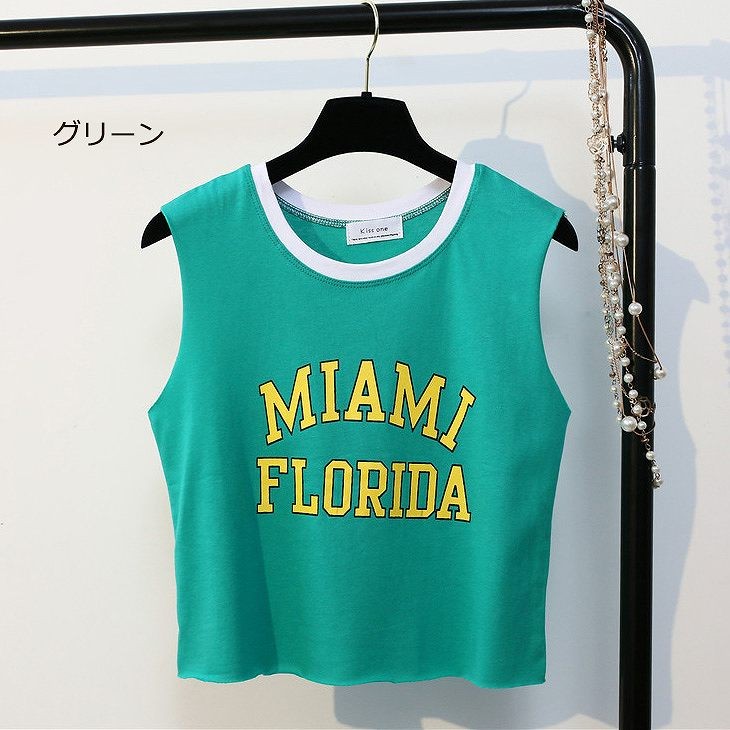 レディース　トップス　タンクトップ　ノースリーブ　カットソー　英字プリント　シンプル　カジュアル　春夏　フリーサイズ　大人可愛い　スポーツ　フェミニン　デート　お出かけ　デイリー　イエロー　グリーン　ホワイト　ブラック　送料無料