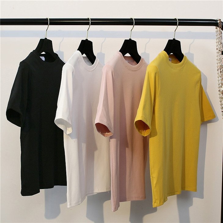 レディース　トップス　Tシャツ　ラウンドネック　半袖　無地　定番　シンプル　カジュアル　春夏　フリーサイズ　大人可愛い　フェミニン　デート　お出かけ　デイリー　イエロー　ピンク　ホワイト　ブラック　送料無料