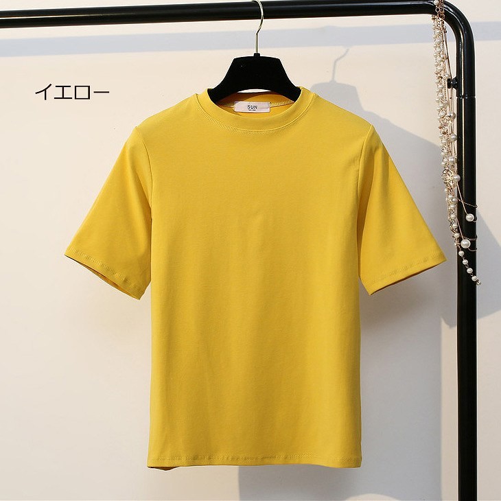 レディース　トップス　Tシャツ　ラウンドネック　半袖　無地　定番　シンプル　カジュアル　春夏　フリーサイズ　大人可愛い　フェミニン　デート　お出かけ　デイリー　イエロー　ピンク　ホワイト　ブラック　送料無料