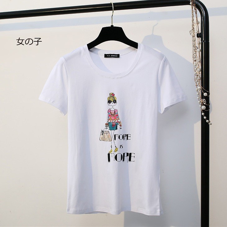 レディース　トップス　Tシャツ　ラウンドネック　半袖　プリント　シンプル　カジュアル　春夏　フリーサイズ　大人可愛い　フェミニン　デート　お出かけ　デイリー　ホワイト　送料無料