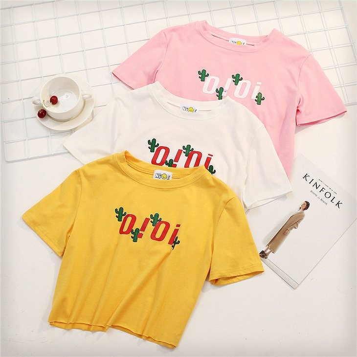 レディース　トップス　Tシャツ　ショート丈　カットソー　半袖　綿　コットン　シンプル　プリント　ゆったり　カジュアル　大人可愛い　フェミニン　デート　お出かけ　普段着　ホワイト　ピンク　イエロー　送料無料