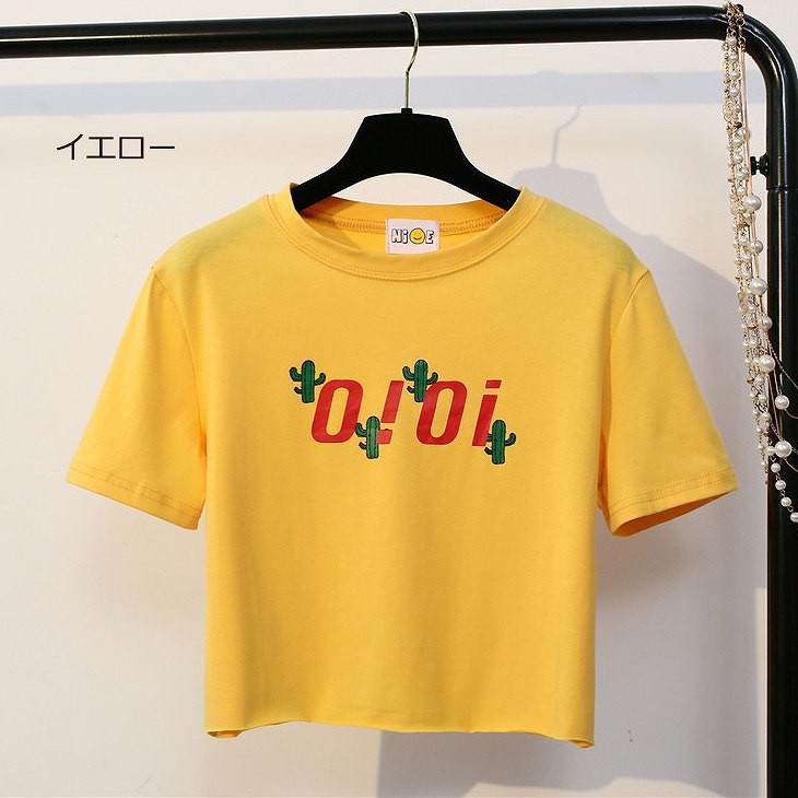 レディース　トップス　Tシャツ　ショート丈　カットソー　半袖　綿　コットン　シンプル　プリント　ゆったり　カジュアル　大人可愛い　フェミニン　デート　お出かけ　普段着　ホワイト　ピンク　イエロー　送料無料