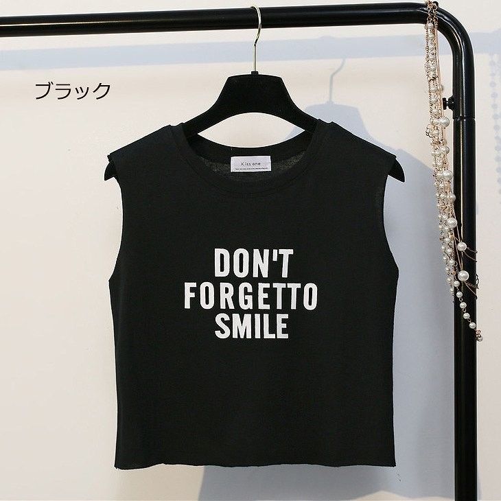 レディース　トップス　ノースリーブ　Tシャツ　ベスト　綿　コットン　シンプル　ロゴ　プリント　ゆったり　ショート丈　セクシー　カジュアル　大人可愛い　フェミニン　おしゃれ　デート　お出かけ　普段着　ホワイト　ブラック　ピンク　ブルー　送料無料