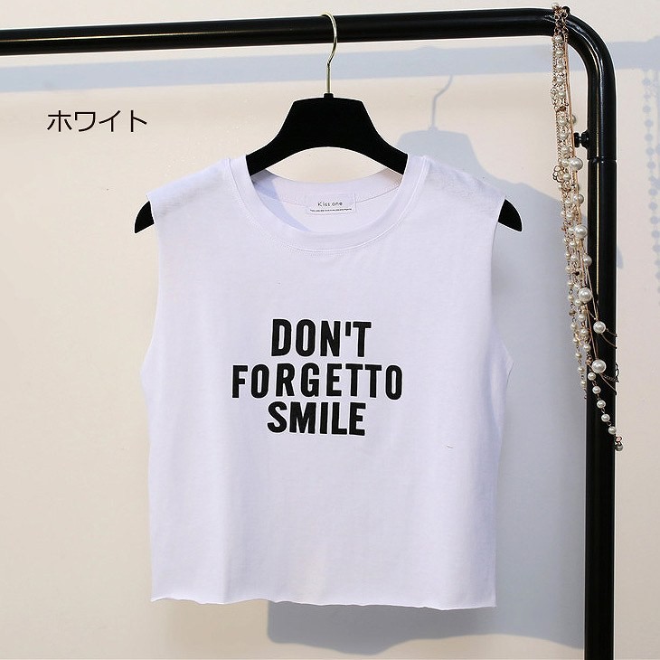 レディース　トップス　ノースリーブ　Tシャツ　ベスト　綿　コットン　シンプル　ロゴ　プリント　ゆったり　ショート丈　セクシー　カジュアル　大人可愛い　フェミニン　おしゃれ　デート　お出かけ　普段着　ホワイト　ブラック　ピンク　ブルー　送料無料