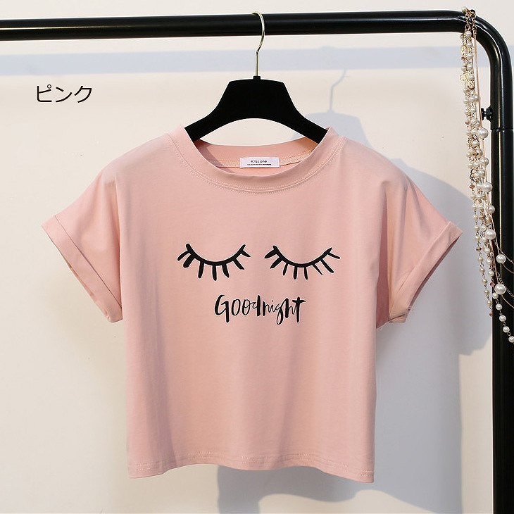 レディース　トップス　Tシャツ　ショート丈　カットソー　半袖　綿　コットン　シンプル　プリント　ゆったり　カジュアル　大人可愛い　フェミニン　デート　お出かけ　普段着　ホワイト　ブラック　ピンク　送料無料