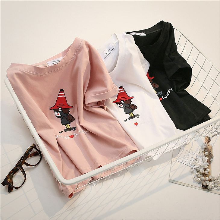 レディース　トップス　Tシャツ　半袖　綿　シンプル　ショート丈　プリント　キャラクター　ゆったり　カジュアル　かわいい　大人可愛い　フェミニン　デート　お出かけ　普段着　ホワイト　ブラック　ピンク　送料無料