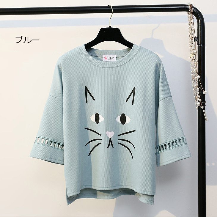 レディース　トップス　Tシャツ　カットソー　ラウンドネック　半袖　5分袖　ネコ　ねこシンプル　プリント　ゆったり　カジュアル　大人可愛い　フェミニン　デート　お出かけ　普段着　ホワイト　ブラック　ピンク　ブルー　送料無料