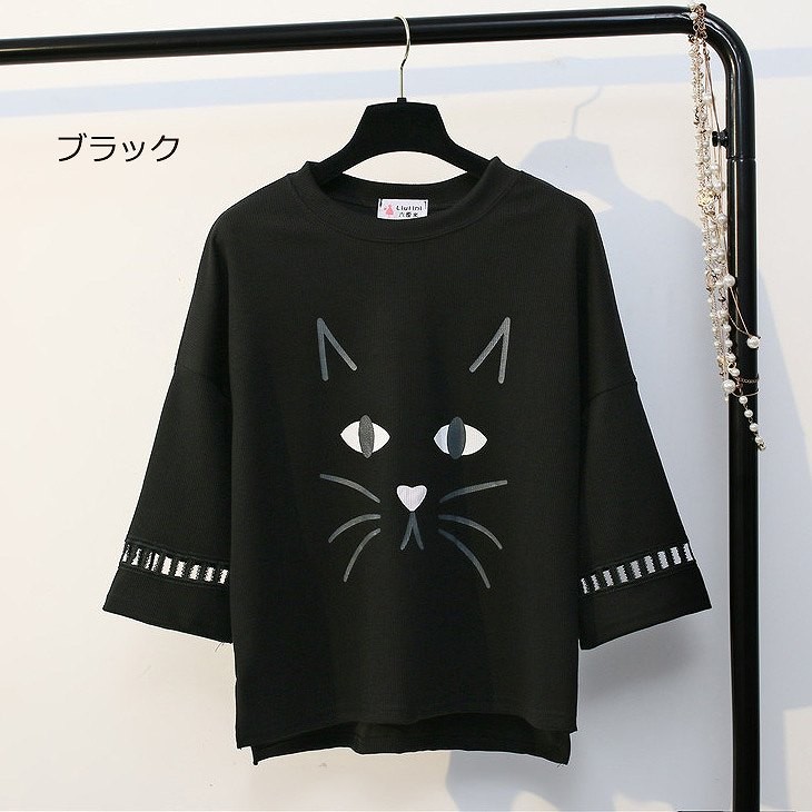 レディース　トップス　Tシャツ　カットソー　ラウンドネック　半袖　5分袖　ネコ　ねこシンプル　プリント　ゆったり　カジュアル　大人可愛い　フェミニン　デート　お出かけ　普段着　ホワイト　ブラック　ピンク　ブルー　送料無料