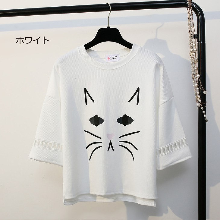レディース　トップス　Tシャツ　カットソー　ラウンドネック　半袖　5分袖　ネコ　ねこシンプル　プリント　ゆったり　カジュアル　大人可愛い　フェミニン　デート　お出かけ　普段着　ホワイト　ブラック　ピンク　ブルー　送料無料
