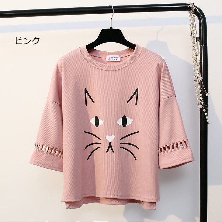 レディース　トップス　Tシャツ　カットソー　ラウンドネック　半袖　5分袖　ネコ　ねこシンプル　プリント　ゆったり　カジュアル　大人可愛い　フェミニン　デート　お出かけ　普段着　ホワイト　ブラック　ピンク　ブルー　送料無料