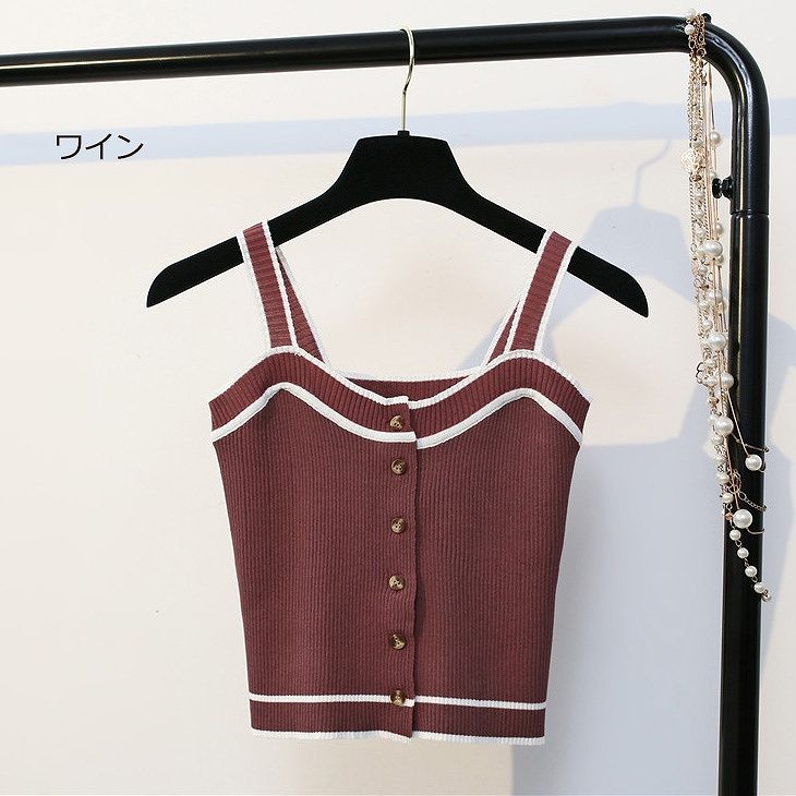 レディース　トップス　サスペンダー　ニット　ベスト　キャミソール　ストライプ　ボタン　シンプル　スリム　エレガント　セクシー　カジュアル　大人可愛い　フェミニン　おしゃれ　通勤　デート　お出かけ　普段着　ワイン　グリーン　ホワイト　ブラック　送料無料