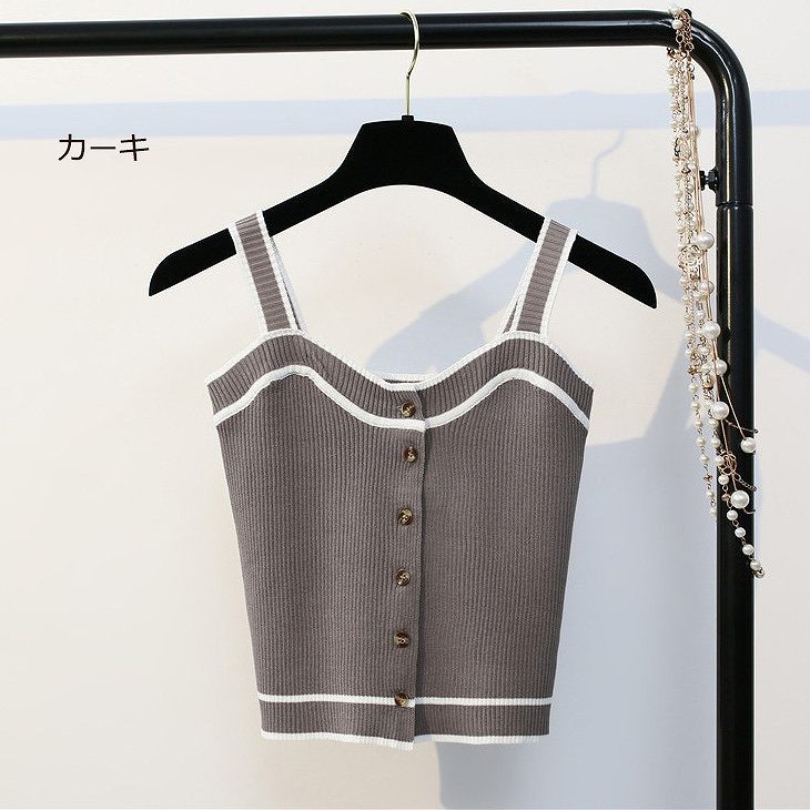 レディース　トップス　サスペンダー　ニット　ベスト　キャミソール　ストライプ　ボタン　シンプル　スリム　エレガント　セクシー　カジュアル　大人可愛い　フェミニン　おしゃれ　通勤　デート　お出かけ　普段着　ワイン　グリーン　ホワイト　ブラック　送料無料