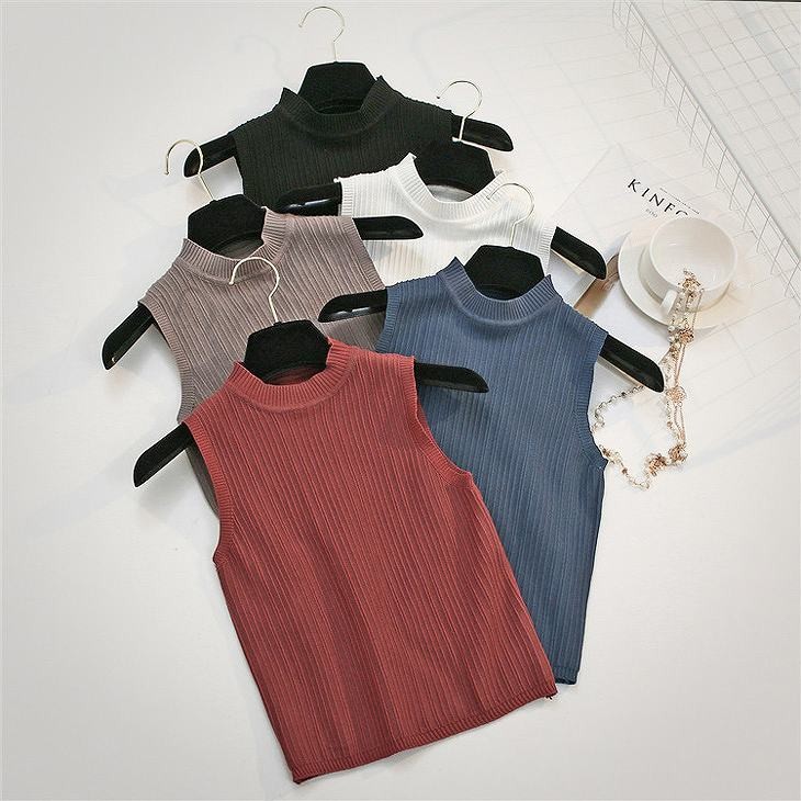 レディース　トップス　ノースリーブ　Tシャツ　無地　ラウンドネック　ニット　シンプル　スリム　エレガント　セクシー　カジュアル　大人可愛い　フェミニン　おしゃれ　通勤　デート　お出かけ　普段着　ワイン　ブルー　ホワイト　ブラック　送料無料