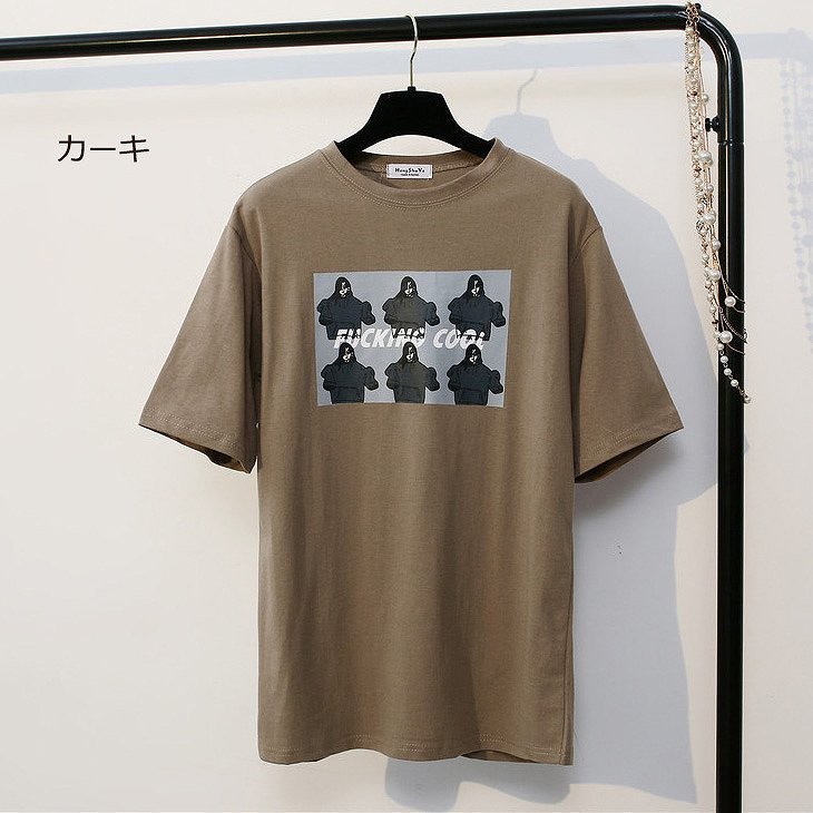 レディース　トップス　Tシャツ　半袖　綿　シンプル　プリント　ゆったり　カジュアル　大人可愛い　フェミニン　お出かけ　普段着　ワイン　ホワイト　カーキ　送料無料