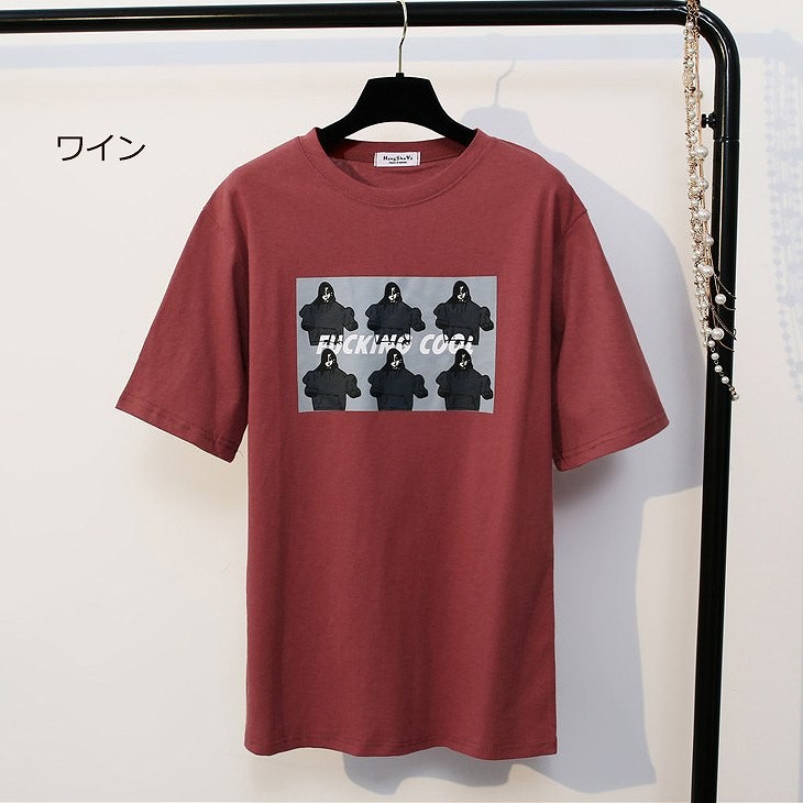 レディース　トップス　Tシャツ　半袖　綿　シンプル　プリント　ゆったり　カジュアル　大人可愛い　フェミニン　お出かけ　普段着　ワイン　ホワイト　カーキ　送料無料