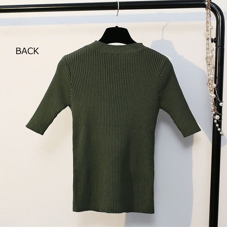 レディース　トップス　カットソー　ニット　Tシャツ　無地　ラウンドネック　半袖　シンプル　スリム　エレガント　セクシー　カジュアル　大人可愛い　フェミニン　おしゃれ　通勤　デート　お出かけ　普段着　ブラック　ホワイト　グリーン　送料無料