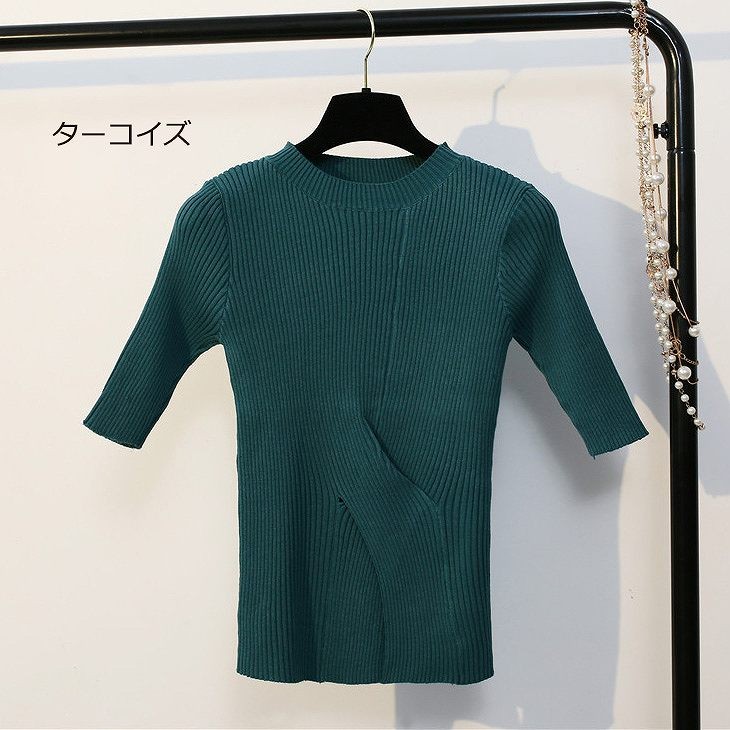 レディース　トップス　カットソー　ニット　Tシャツ　無地　ラウンドネック　半袖　シンプル　スリム　エレガント　セクシー　カジュアル　大人可愛い　フェミニン　おしゃれ　通勤　デート　お出かけ　普段着　ブラック　ホワイト　グリーン　送料無料