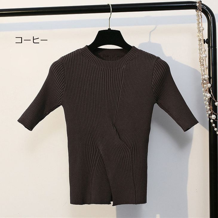 レディース　トップス　カットソー　ニット　Tシャツ　無地　ラウンドネック　半袖　シンプル　スリム　エレガント　セクシー　カジュアル　大人可愛い　フェミニン　おしゃれ　通勤　デート　お出かけ　普段着　ブラック　ホワイト　グリーン　送料無料