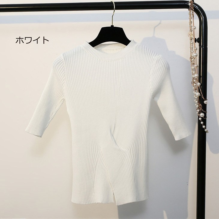 レディース　トップス　カットソー　ニット　Tシャツ　無地　ラウンドネック　半袖　シンプル　スリム　エレガント　セクシー　カジュアル　大人可愛い　フェミニン　おしゃれ　通勤　デート　お出かけ　普段着　ブラック　ホワイト　グリーン　送料無料