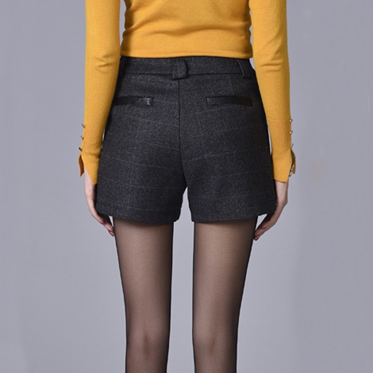 レディース　ボトムス　ウール　ショートパンツ　格子柄　秋冬　大人カジュアル　シンプル　大人可愛い　オフィス　OL　デート　お出かけ　デイリー　ブラック　送料無料