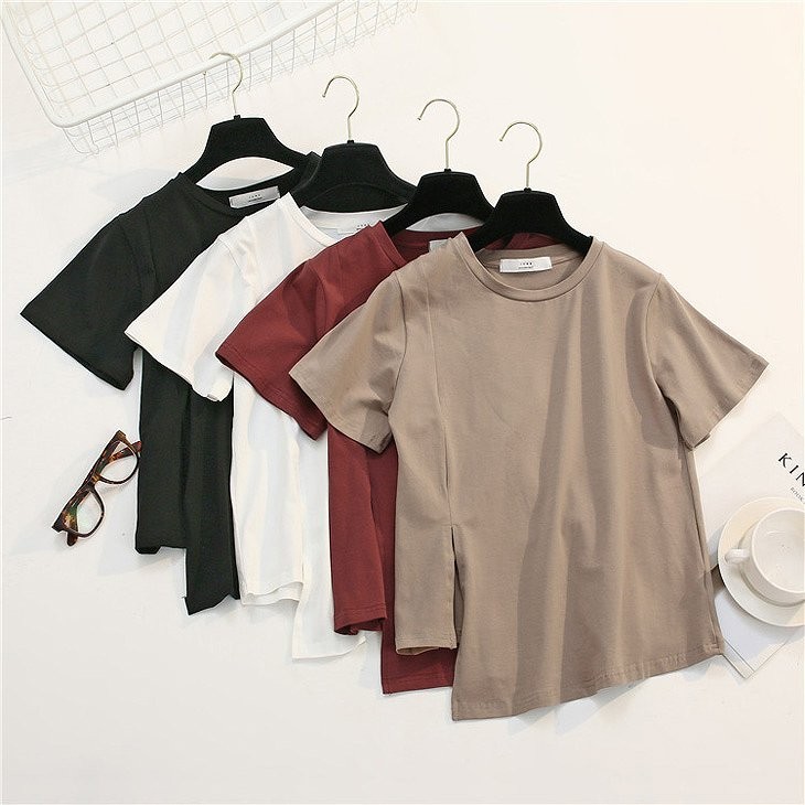 レディース　トップス　Tシャツ　無地　カットソー　半袖　シンプル　アシンメトリー　スリット　エレガント　セクシー　カジュアル　大人可愛い　フェミニン　おしゃれ　通勤　デート　お出かけ　普段着　ホワイト　ブラック　送料無料