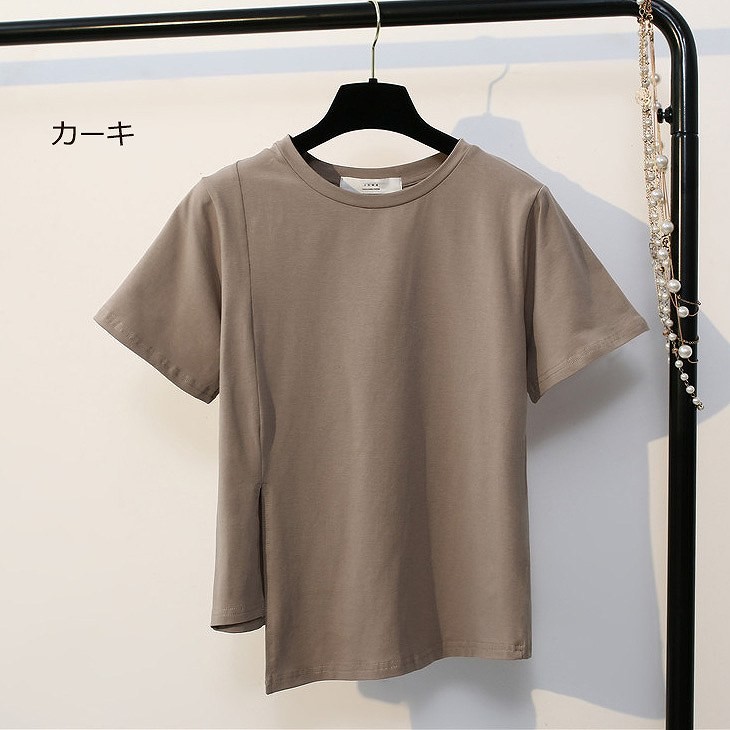 レディース　トップス　Tシャツ　無地　カットソー　半袖　シンプル　アシンメトリー　スリット　エレガント　セクシー　カジュアル　大人可愛い　フェミニン　おしゃれ　通勤　デート　お出かけ　普段着　ホワイト　ブラック　送料無料