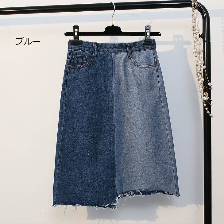 レディース　スカート　デニム　アシンメトリー　ジッパースカート　カットオフ　切りっぱなし　春　夏　カジュアル　フェミニン　キュート　可愛い　おしゃれ　セクシー　無地　ブルー　送料無料