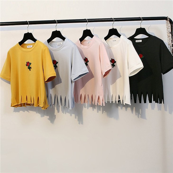 レディース　トップス　Tシャツ　半袖　フリンジ　綿　コットン　シンプル　ワンポイント　花柄　バラ　カジュアル　大人可愛い　フェミニン　デート　お出かけ　普段着　ブラック　ホワイト　ピンク　ブルー　イエロー　送料無料