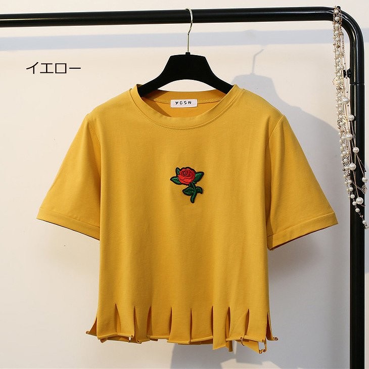 レディース　トップス　Tシャツ　半袖　フリンジ　綿　コットン　シンプル　ワンポイント　花柄　バラ　カジュアル　大人可愛い　フェミニン　デート　お出かけ　普段着　ブラック　ホワイト　ピンク　ブルー　イエロー　送料無料