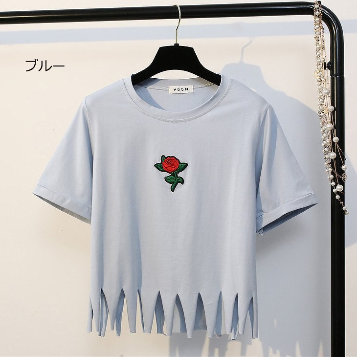 レディース　トップス　Tシャツ　半袖　フリンジ　綿　コットン　シンプル　ワンポイント　花柄　バラ　カジュアル　大人可愛い　フェミニン　デート　お出かけ　普段着　ブラック　ホワイト　ピンク　ブルー　イエロー　送料無料