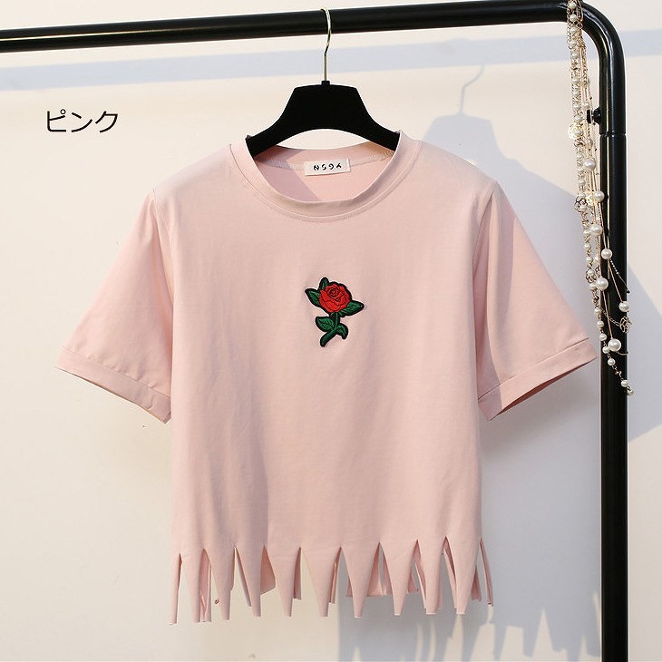 レディース　トップス　Tシャツ　半袖　フリンジ　綿　コットン　シンプル　ワンポイント　花柄　バラ　カジュアル　大人可愛い　フェミニン　デート　お出かけ　普段着　ブラック　ホワイト　ピンク　ブルー　イエロー　送料無料