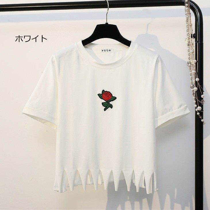 レディース　トップス　Tシャツ　半袖　フリンジ　綿　コットン　シンプル　ワンポイント　花柄　バラ　カジュアル　大人可愛い　フェミニン　デート　お出かけ　普段着　ブラック　ホワイト　ピンク　ブルー　イエロー　送料無料