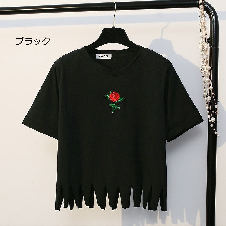 レディース　トップス　Tシャツ　半袖　フリンジ　綿　コットン　シンプル　ワンポイント　花柄　バラ　カジュアル　大人可愛い　フェミニン　デート　お出かけ　普段着　ブラック　ホワイト　ピンク　ブルー　イエロー　送料無料