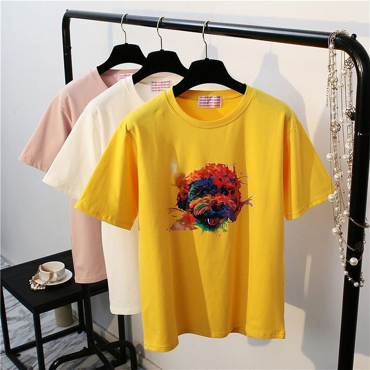 レディース　トップス　Tシャツ　半袖　綿　シンプル　プリント　犬　カジュアル　大人可愛い　フェミニン　デート　お出かけ　普段着　ホワイト　ピンク　イエロー　送料無料