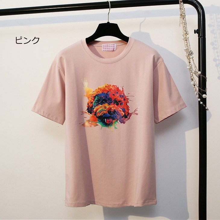 レディース　トップス　Tシャツ　半袖　綿　シンプル　プリント　犬　カジュアル　大人可愛い　フェミニン　デート　お出かけ　普段着　ホワイト　ピンク　イエロー　送料無料