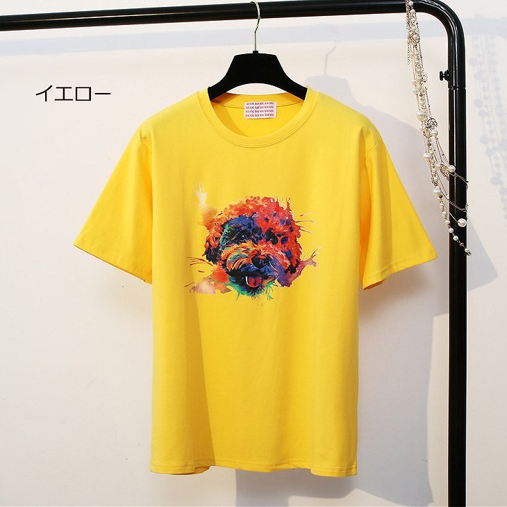 レディース　トップス　Tシャツ　半袖　綿　シンプル　プリント　犬　カジュアル　大人可愛い　フェミニン　デート　お出かけ　普段着　ホワイト　ピンク　イエロー　送料無料