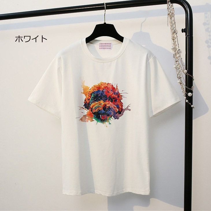 レディース　トップス　Tシャツ　半袖　綿　シンプル　プリント　犬　カジュアル　大人可愛い　フェミニン　デート　お出かけ　普段着　ホワイト　ピンク　イエロー　送料無料