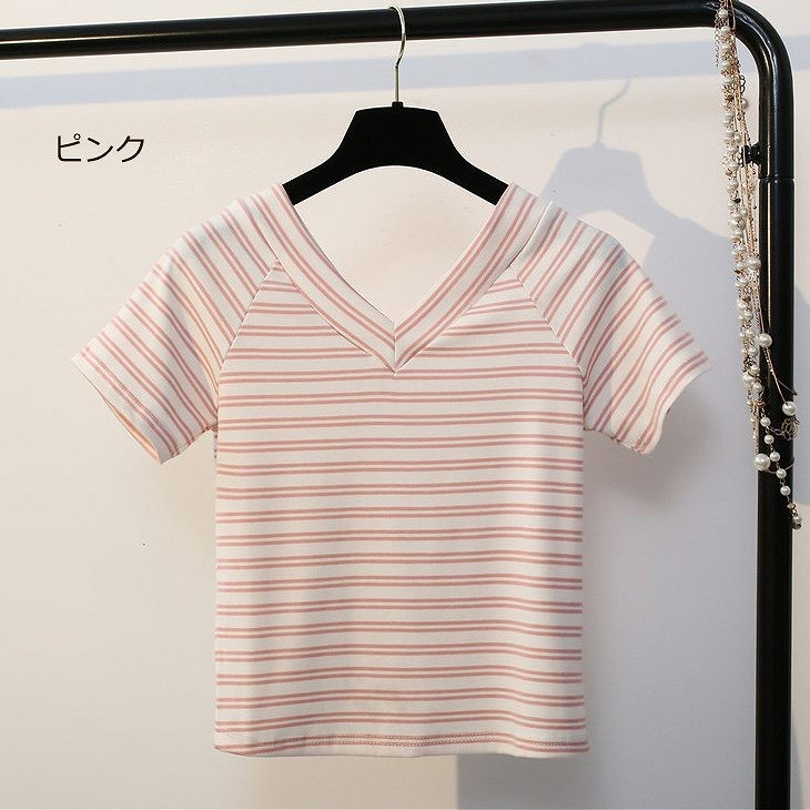 レディース　トップス　Tシャツ　ボーダー　Ｖネック　半袖　ストライプ　綿　スリム　フィット　カジュアル　大人可愛い　フェミニン　デート　お出かけ　普段着　ホワイト　ブラック　ピンク　送料無料