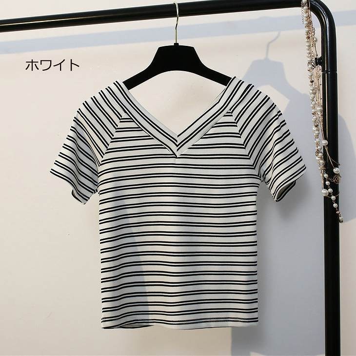 レディース　トップス　Tシャツ　ボーダー　Ｖネック　半袖　ストライプ　綿　スリム　フィット　カジュアル　大人可愛い　フェミニン　デート　お出かけ　普段着　ホワイト　ブラック　ピンク　送料無料