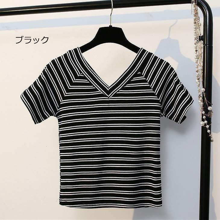 レディース　トップス　Tシャツ　ボーダー　Ｖネック　半袖　ストライプ　綿　スリム　フィット　カジュアル　大人可愛い　フェミニン　デート　お出かけ　普段着　ホワイト　ブラック　ピンク　送料無料