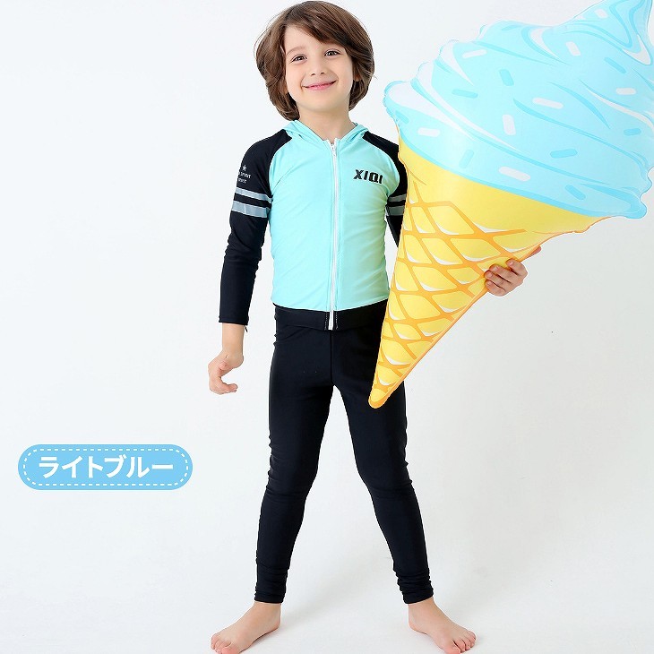 キッズ　ジュニア　男の子　水着　スイムウェア　セット　長袖　ラッシュガード　ロングパンツ　ハーフパンツ　カジュアル　かわいい　キュート　夏　ビーチ　リゾート　マリン　海水浴　プール　スイミング　ブルー　グリーン　ライトブルー　送料無料　