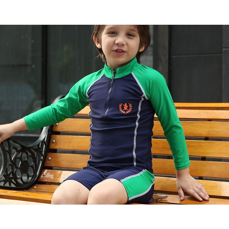 キッズ　ジュニア　男の子　水着　スイムウェア　セット　帽子　長袖　ラッシュガード　ハーフパンツ　カジュアル　かわいい　キュート　夏　ビーチ　リゾート　マリン　海水浴　プール　スイミング　グリーン　ブルー　送料無料　