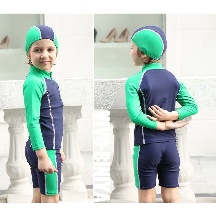 キッズ　ジュニア　男の子　水着　スイムウェア　セット　帽子　長袖　ラッシュガード　ハーフパンツ　カジュアル　かわいい　キュート　夏　ビーチ　リゾート　マリン　海水浴　プール　スイミング　グリーン　ブルー　送料無料　