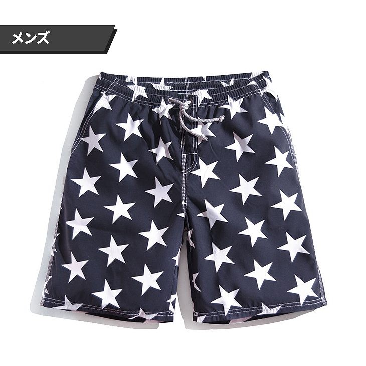 レディース　メンズ　水着　スイムウェア　サーフパンツ　海パン　総柄　スター　トランクス　カジュアル　大きいサイズ　カップル　お揃い　ペア　夏　ビーチ　リゾート　マリン　海水浴　プール　スイミング　ネイビー　送料無料　