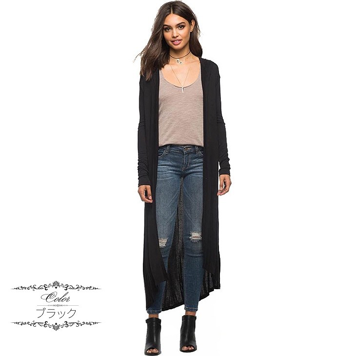 レディース　フード付き　ロングカーディガン　無地　長袖　ノーカラー　薄手　シック　大人可愛い　カジュアル　大きいサイズ　シンプル　デイリー　お出かけ　デート　ブラック　オリーブ　送料無料