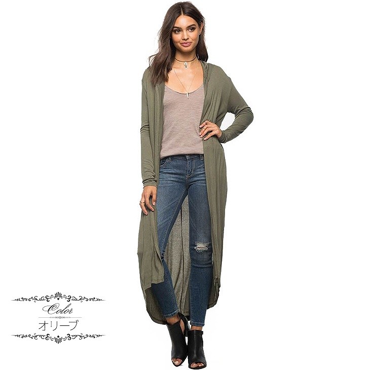 レディース　フード付き　ロングカーディガン　無地　長袖　ノーカラー　薄手　シック　大人可愛い　カジュアル　大きいサイズ　シンプル　デイリー　お出かけ　デート　ブラック　オリーブ　送料無料