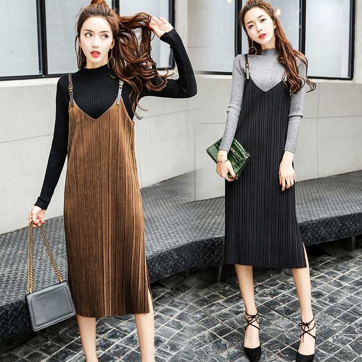 レディース　ツーピース　無地　プリーツ　ワンピース　ミディ丈　膝下　ノースリーブ　ハイネック　セーター　大人可愛い　カジュアル　大きいサイズ　シンプル　デイリー　お出かけ　デート　ブラック　ブラウン　送料無料