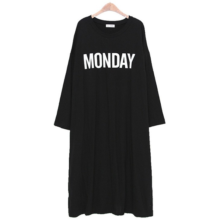 レディース　ロンT　ワンピース　長袖　ロゴ　ラウンドネック　カジュアル　大人可愛い　フリーサイズ　フェミニン　ラフスタイル　デート　お出かけ　デイリー　ブラック　送料無料