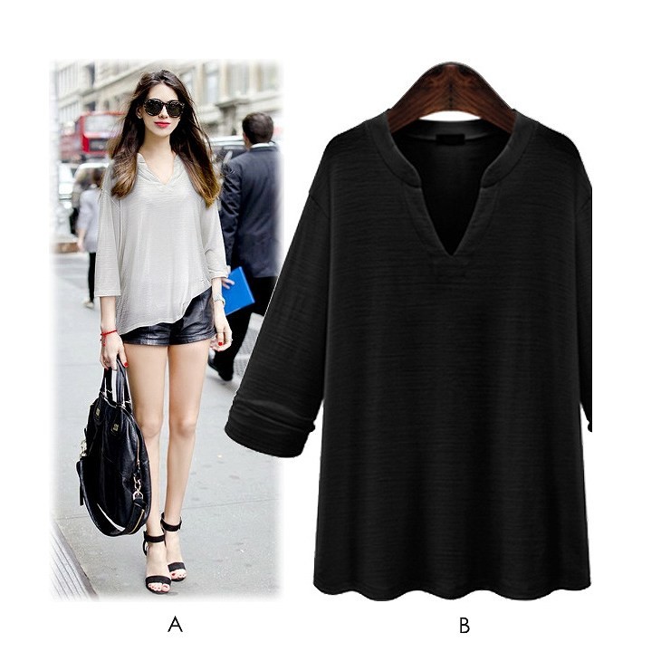 レディース　トップス　カットソー　7分袖　無地　Vネック　カジュアル　大人可愛い　フェミニン　大きいサイズ　オフィス　デート　お出かけ　デイリー　グレー　ブラック　送料無料