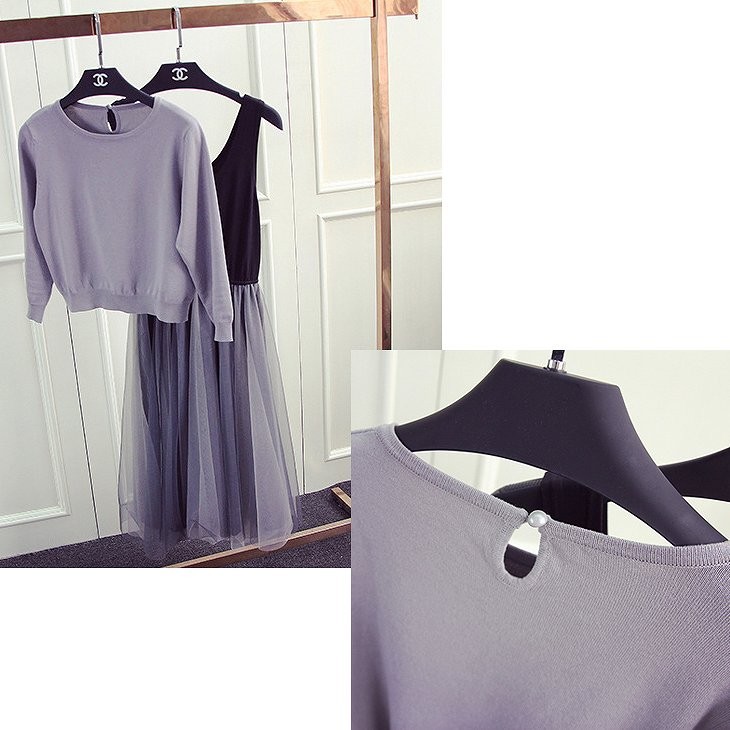 レディース　ツーピース　無地　シフォン　フレア　ワンピース　ミディ丈　膝丈　長袖　ラウンドネック　セーター　大人可愛い　カジュアル　シンプル　デイリー　お出かけ　デート　グレー　ブラック　送料無料